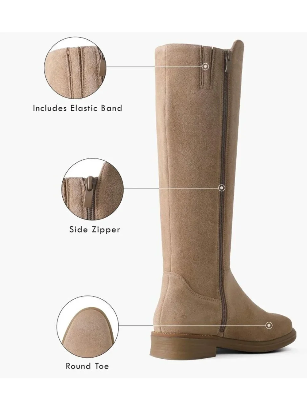 Women's Khaki Knee High Boots Flat Low Heel with Side Zipper
